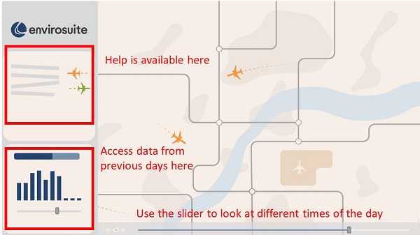 Showing where the help can be found (top left) in webtrak, where historical data can be found (bottom left) and how to move time (slider at bottom)
